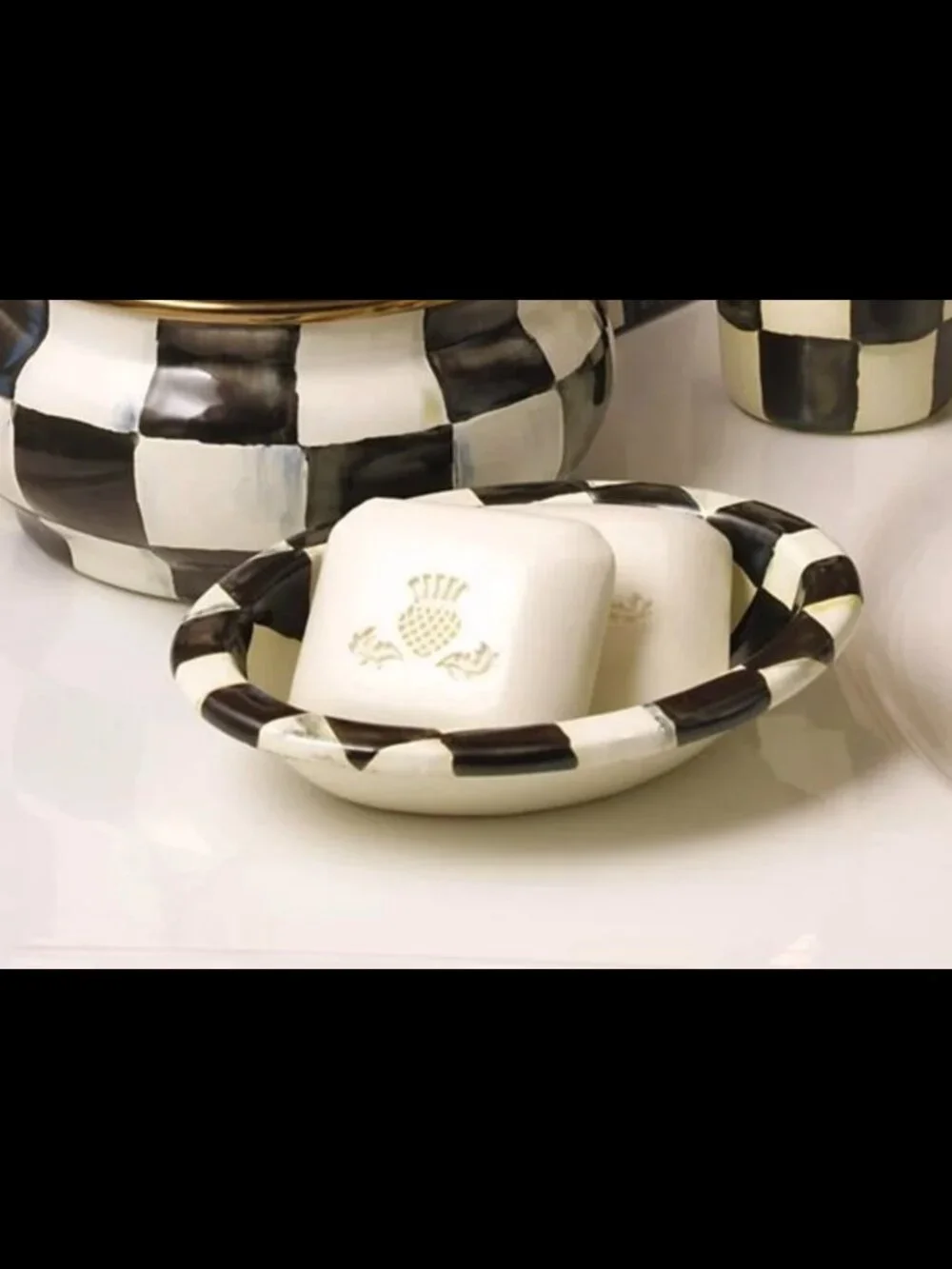 NEW - MacKenzie Childs - Black & White Courtly Check Oval Enamel Soap Dish